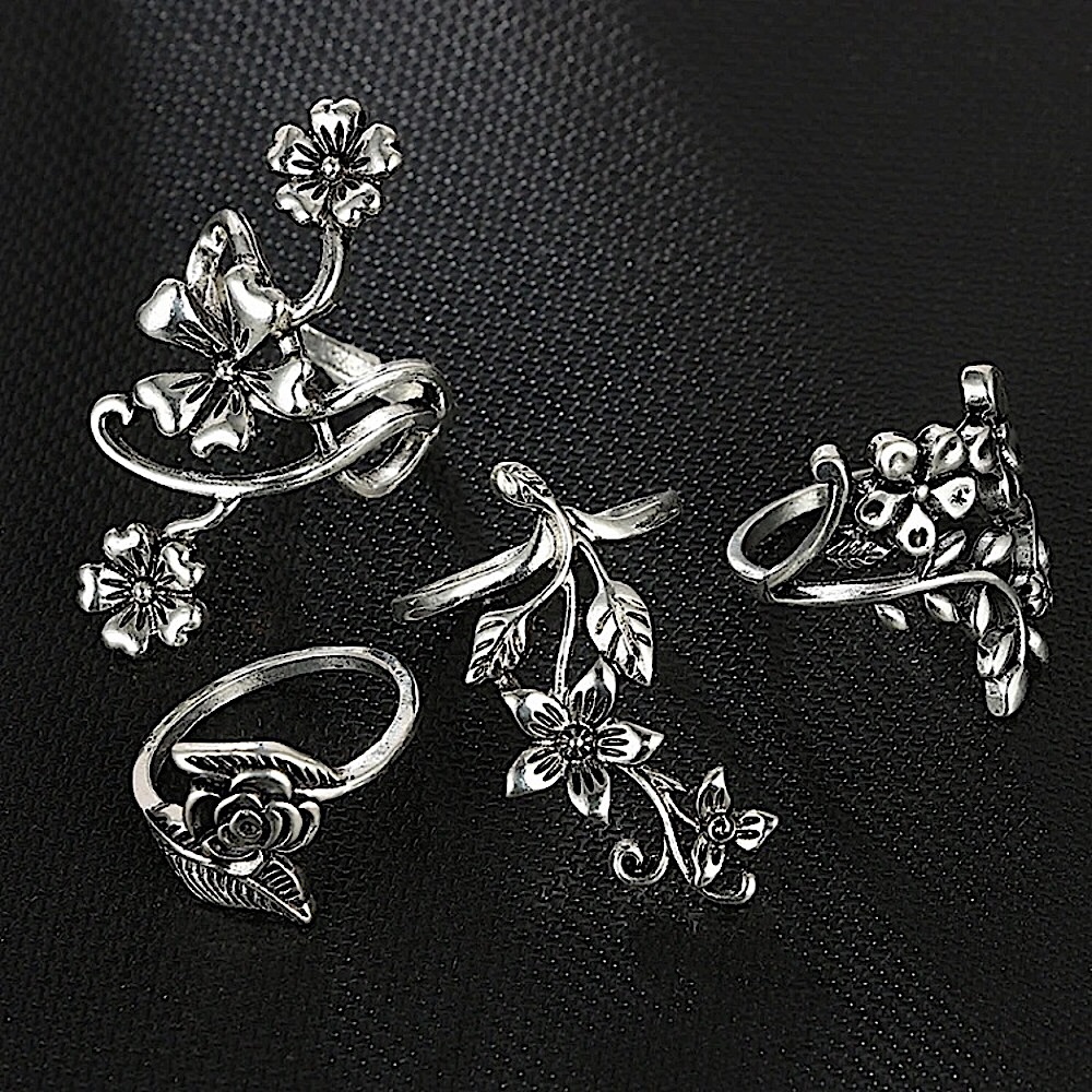 Silver flower vine knuckle ring set πΊ - Picture 3 of 11